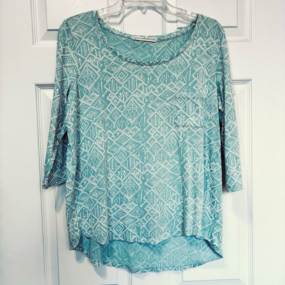 Peruvian Connection Summer Top Womens Small Green Cream 3/4 Sleeves Aztec Tribal